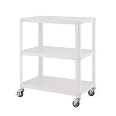 a white shelf with three shelves on wheels