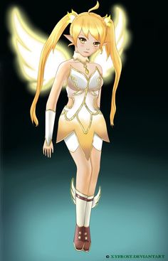 an anime character dressed in white and gold with angel wings on her chest, standing against a black background