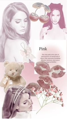 a collage of photos with pink and brown tones, including lipstick, flowers, teddy bear