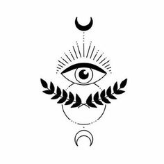 an all seeing symbol with the sun, moon and laurel wreaths in black on a white background