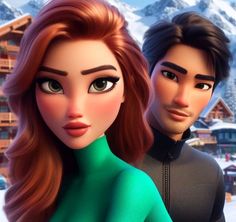 an animated image of two people standing next to each other in front of snow covered mountains