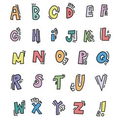 the letters are drawn in different colors and shapes, with one letter on each side