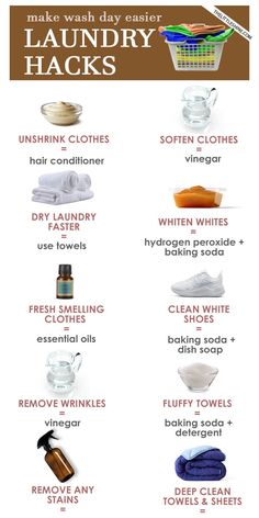 the laundry hacks list is shown in this graphic above it's instructions to wash clothes