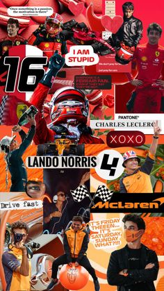 the collage shows many different types of sports related items, including an orange and red background