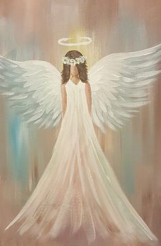an angel painting with white wings and a halo