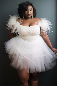 Xpluswear Design Plus Size Party Mini Dresses White Spring Summer Off The Shoulder Feather Tulle Mini Dresses [Pre-Order] Mini Dresses White, Mini Dresses Black, Shower Vibes, Party Mini Dresses, Plus Size Party, Tulle Mini Dress, All White Party, Looks Plus Size, Looks Black