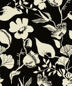 a black and white floral pattern with leaves, flowers, and petals on a dark background