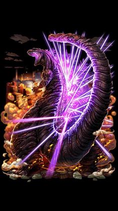 an image of a dragon with purple lights on it's head and wings in the air