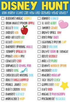 the disney hunt checklist is shown with an apple and stars on it, as well as