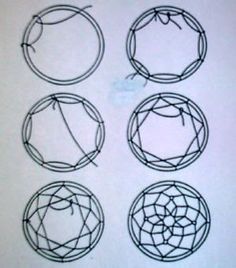 six circular designs drawn in black ink on white paper