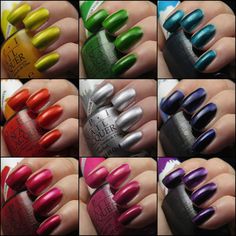 Collage of swatches of OPI Silver Canvas, Purple Perspective, Indigo Motif, Turquoise Aesthetic, Landscape Artist, Primarily Yellow, Chromatic Orange, Magenta Muse and Pen & Pink. Nail Care, Paint Colours, Turquoise Aesthetic, Opi Collections, Color Paints, Aesthetic Landscape, Opi Colors, Nail Polish Collection, Landscape Artist