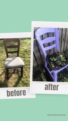 two pictures with the same chair before and after it has been transformed into a planter
