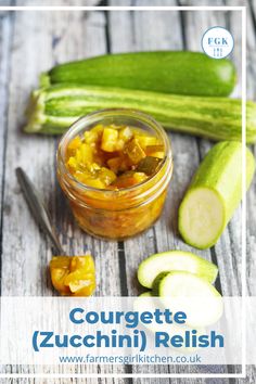 cucumber and zucchini relish with text overlay