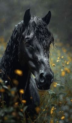 a black horse standing in the middle of a field with yellow flowers on it's head