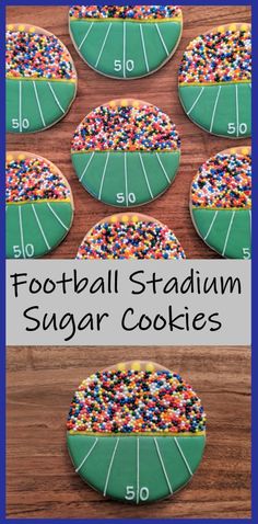 football stadium sugar cookies with sprinkles on top and the words football stadium sugar cookies