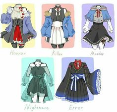 four different kinds of anime dresses with names on the front and back, all in various colors
