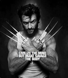 the wolverine man is posing with his hands on his chest