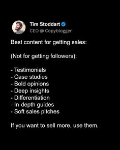a black background with white text that says best content for getting sales not for getting followers