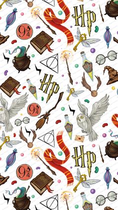 harry potter pattern with hogwart's symbols on white paper and watercolor paint