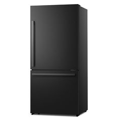 a black refrigerator freezer sitting on top of a white wall