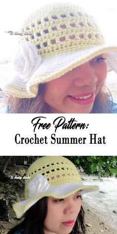 a girl wearing a crochet summer hat with the words free pattern on it