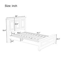 a bed frame with measurements for the headboard and foot board