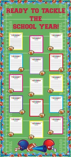 the ready to tackle school year poster with footballs and balls on it, in green