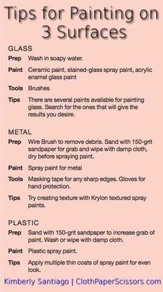a poster with instructions for painting on 3 surfaces in pink and purple colors, including the words'tips for painting on 3 surfaces '