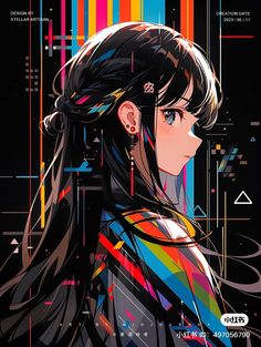 an anime character with long hair and colorful lines