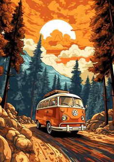 an orange vw bus driving down a road in front of trees and mountains at sunset