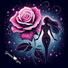 a woman holding a rose in her hand with stars and swirls on the background