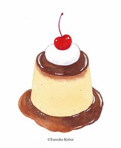 a watercolor drawing of a cake with a cherry on top and chocolate icing