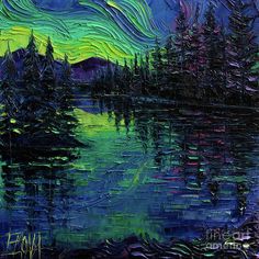 an abstract painting of trees and water at night