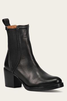 Inspired by archival styles, this modern Chelsea features the season's must-have tall, chunky heel. The V-shaped goring provides a comfortable fit and fashionable focal point, further enhanced by stylish heritage, raised stitching. Stretch goring, rear pu Frye Chelsea Boots, Womens Leather Booties, Teacher Wardrobe, The Frye Company, Short Heels, Chelsea Boots Women, Black Chelsea Boots, Heritage Fashion, Fit Inspo