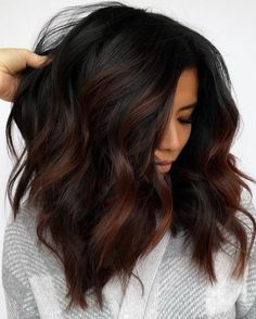Dark With Copper Balayage, Dark Balayage Red Tones, Dark Chocolate Balayage With Money Piece, Rich Brown Balayage Brunettes, Black Hair With Partial Balayage, Red Tone Highlights On Dark Hair, Brunette Red Blonde Balayage, Dark Hair Formulas, Plus Size Brunette Hairstyles