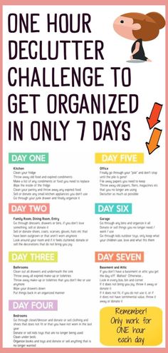 a poster with the words one hour declutter challenge to get organized in only 7 days