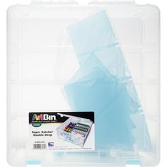 the artbin storage box contains four different colored markers and two empty plastic trays