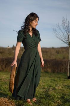 Short sleeve Green Wrap Linen dress Summer wrap Maxi dress | Etsy Modest Day Dresses, Crunchy Mom Dresses, Fall Linen Dress, High Neck Summer Dress, Green Linen Dress Outfit, Modest Outfits For Big Bust, Dress For Big Breasted Women, Outdoorsy Dress, Casual Long Summer Dresses