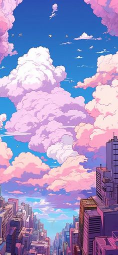 the sky is filled with pink clouds and purple buildings, as well as white fluffy clouds