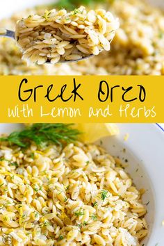 a close up of a bowl of greek orzo with lemon and herbs on the side