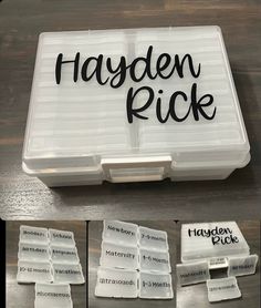 the words have been placed on top of some plastic containers and are labeled with black ink