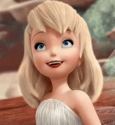 a cartoon girl with blonde hair and blue eyes wearing a white dress in front of a painting