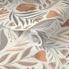 an artistic wallpaper design with leaves and dots on white, beige and grey background