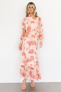 You do not want to miss out on our brand new Luciana Maxi Dress in a cute beige and rose floral color. This dress features flowing chiffon material and a high smocked neckline. Lds Dresses, Modesty Matters, Modest Floral Dress, Easter Dresses For Women, Tulle Maxi Dress, Baltic Born, Modest Fits, Tiered Maxi Skirt, Shower Dresses