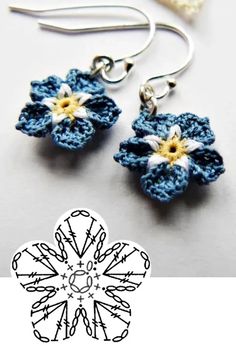 two crocheted flowers are attached to silver earwires, and one is blue with yellow centers