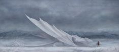 a man standing next to a white dragon on top of a snow covered field with mountains in the background