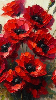 an oil painting of red flowers in a vase