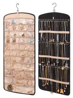 two black and one beige hanging jewelry organizer with multiple compartments for necklaces, rings, bracelets