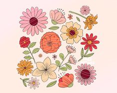 a bunch of flowers that are in the middle of a circle on a pink background