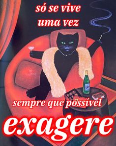 a black cat sitting on top of a red chair next to a bottle of wine